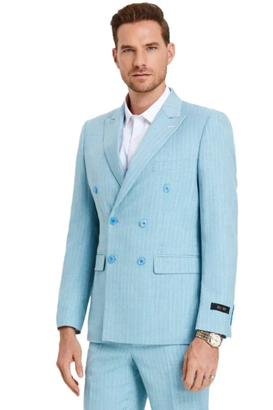 "Men's Slim Fit Double Breasted Pastel Teal Blue Summer Suit" sold by Alberto Nardoni