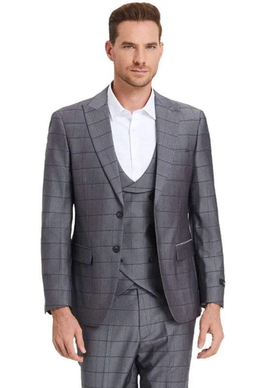 "Sharkskin Suit Men's Charcoal Grey Windowpane Plaid - Two Button Vested Peak Lapel" sold by Alberto Nardoni