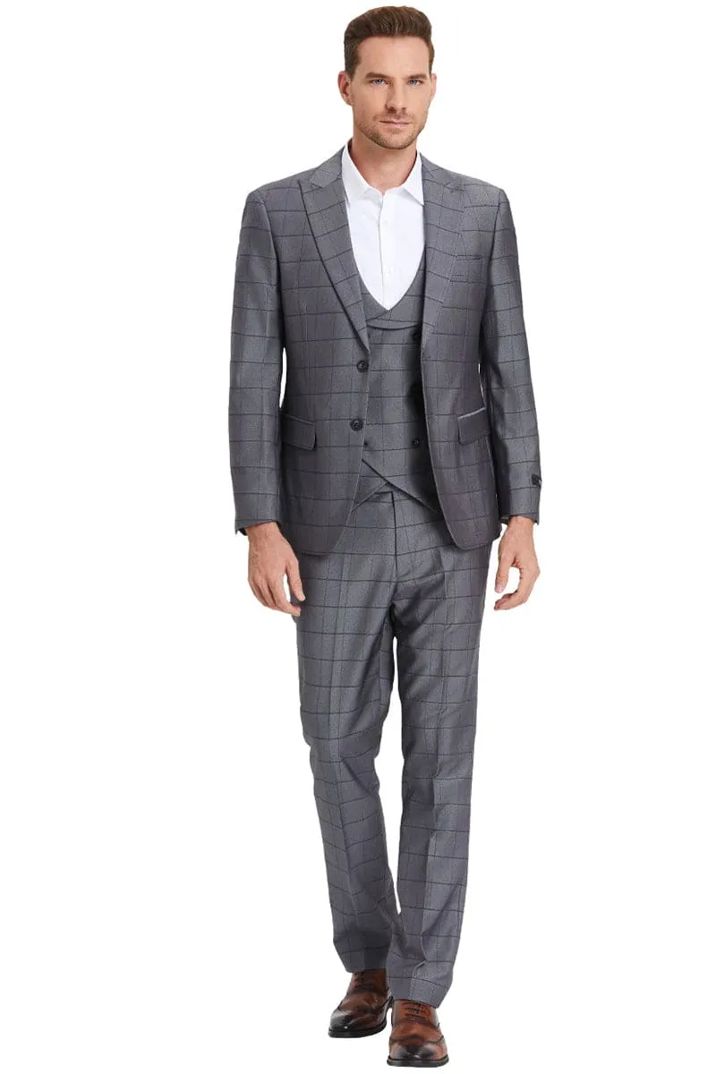 "Sharkskin Suit Men's Charcoal Grey Windowpane Plaid - Two Button Vested Peak Lapel" sold by Alberto Nardoni product image thumbnail 2