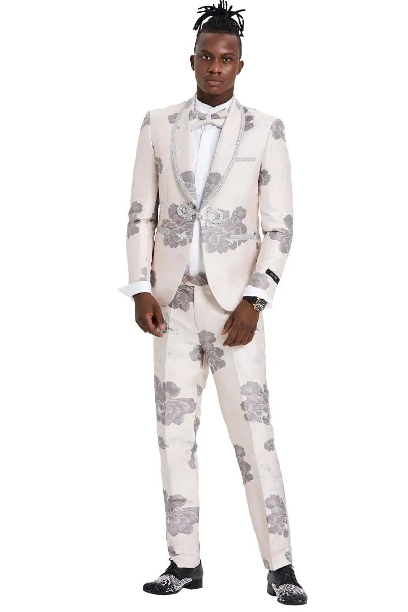 "Pink & Silver Paisley Men's Shawl Tuxedo with Lace Trim - One Button Vested" sold by Alberto Nardoni product image thumbnail 2