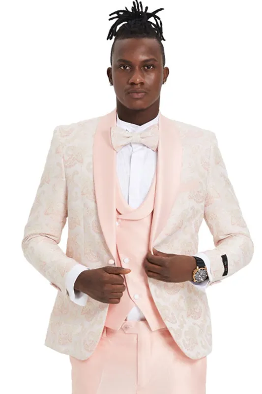 "Men's Pink Paisley Prom 2025 Tuxedo - One Button Vested Shawl Lapel" sold by Alberto Nardoni