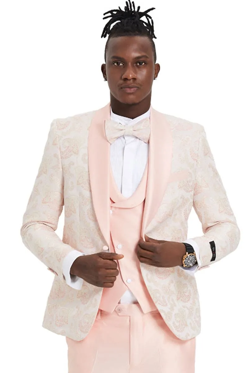 "Men's Pink Paisley Prom 2025 Tuxedo - One Button Vested Shawl Lapel" sold by Alberto Nardoni