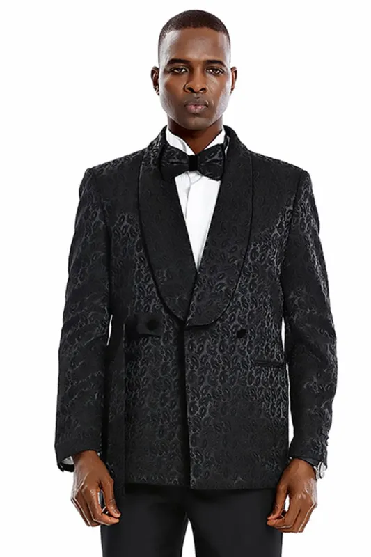 "Men's Slim Fit Double Breasted Black Paisley Tuxedo - Prom 2025 & Wedding Smoking Jacket" sold by Alberto Nardoni