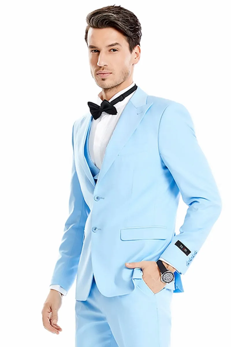 "Sky Blue Men's Wedding & Prom 2026 Suit - Two Button Vested Peak Lapel" sold by Alberto Nardoni
