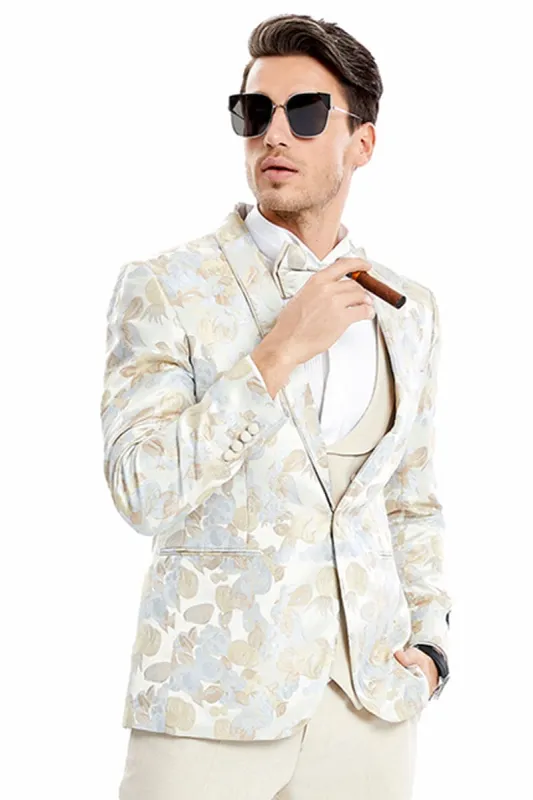 "Men's Floral Print Wedding Tuxedo Suit - One Button Vested, Tan" sold by Alberto Nardoni