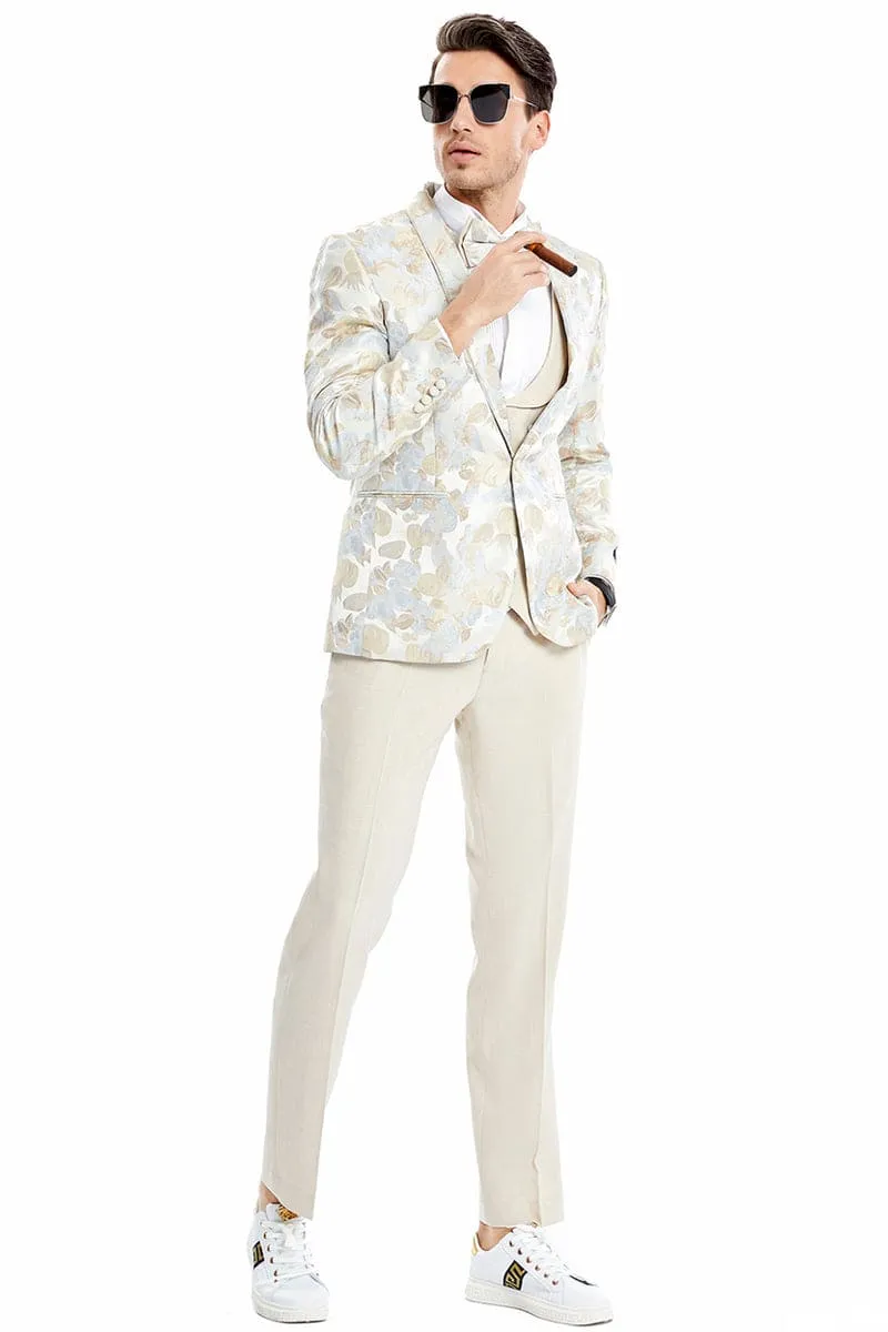 "Men's Floral Print Wedding Tuxedo Suit - One Button Vested, Tan" sold by Alberto Nardoni product image thumbnail 2