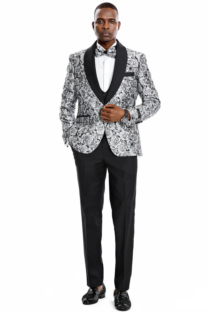 "Silver Men's Slim Fit Paisley Floral Prom 2025 Tuxedo - One Button Vested" sold by Alberto Nardoni product image thumbnail 2