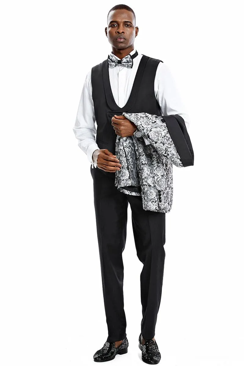 "Silver Men's Slim Fit Paisley Floral Prom 2025 Tuxedo - One Button Vested" sold by Alberto Nardoni product image thumbnail 3