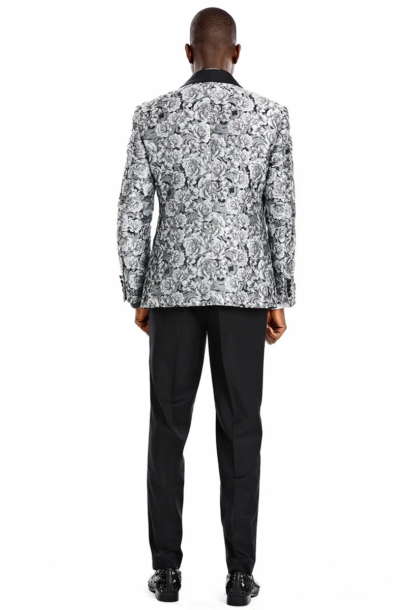 "Silver Men's Slim Fit Paisley Floral Prom 2025 Tuxedo - One Button Vested" sold by Alberto Nardoni product image thumbnail 4
