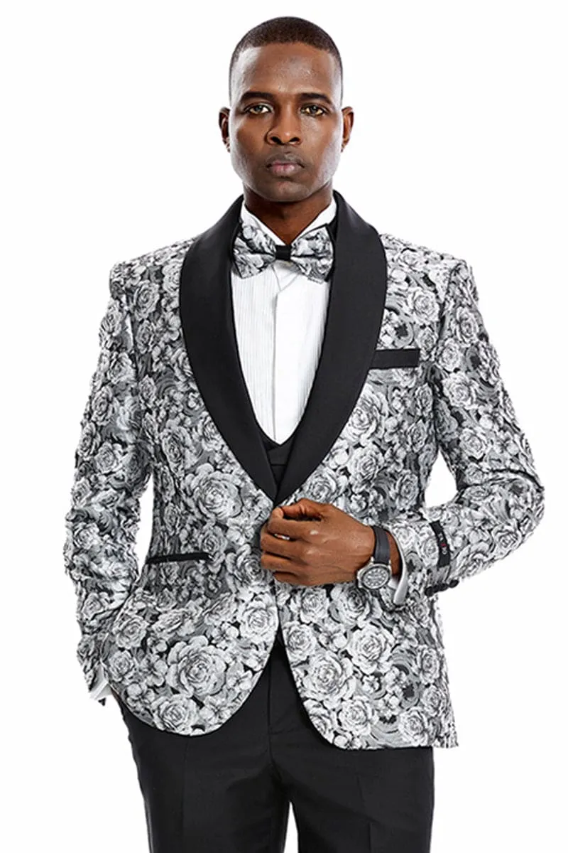 "Silver Men's Slim Fit Paisley Floral Prom 2025 Tuxedo - One Button Vested" sold by Alberto Nardoni