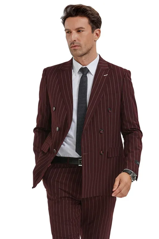 "Burgundy Men's Slim Fit Double Breasted Pinstripe Gangster Suit" sold by Alberto Nardoni