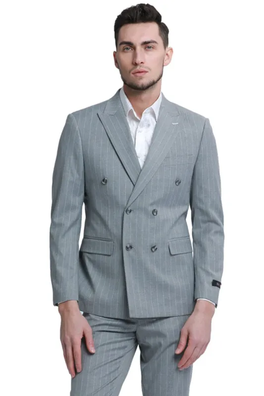 Grey Pinstripe Men's Slim Fit Double Breasted Gangster Suit sold by Alberto Nardoni