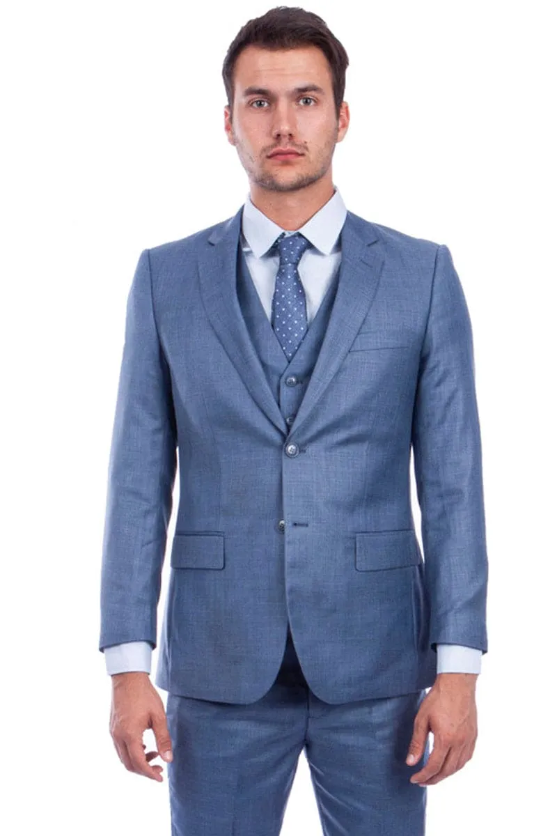 "Ocean Blue Sharkskin Wedding & Business Suit - Men's Two Button Hybrid Fit Vested" sold by Alberto Nardoni