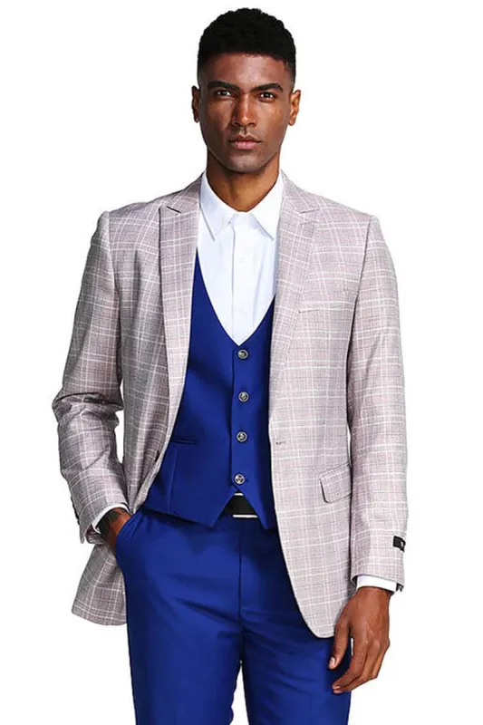 "Grey & Blue Glen Plaid Men's Suit with Peak Lapel & Double Breasted Vest" sold by Alberto Nardoni