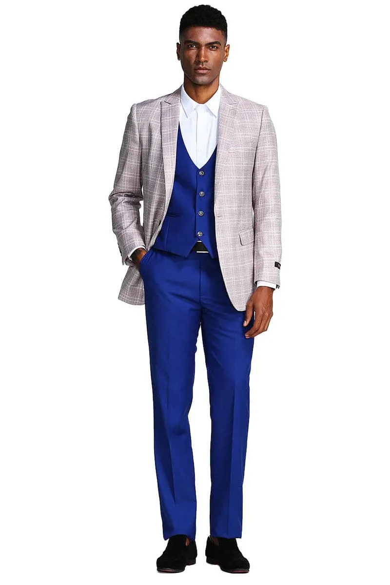 "Grey & Blue Glen Plaid Men's Suit with Peak Lapel & Double Breasted Vest" sold by Alberto Nardoni product image thumbnail 2