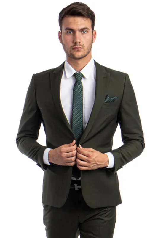"Dark Olive Green Slim Fit Suit for Men - One Button Peak Lapel Basic" sold by Alberto Nardoni