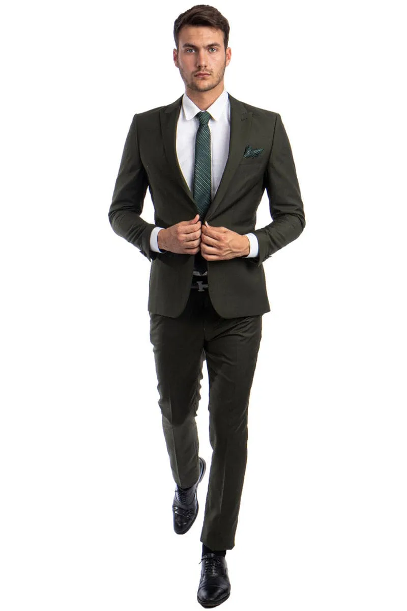"Dark Olive Green Slim Fit Suit for Men - One Button Peak Lapel Basic" sold by Alberto Nardoni product image thumbnail 2