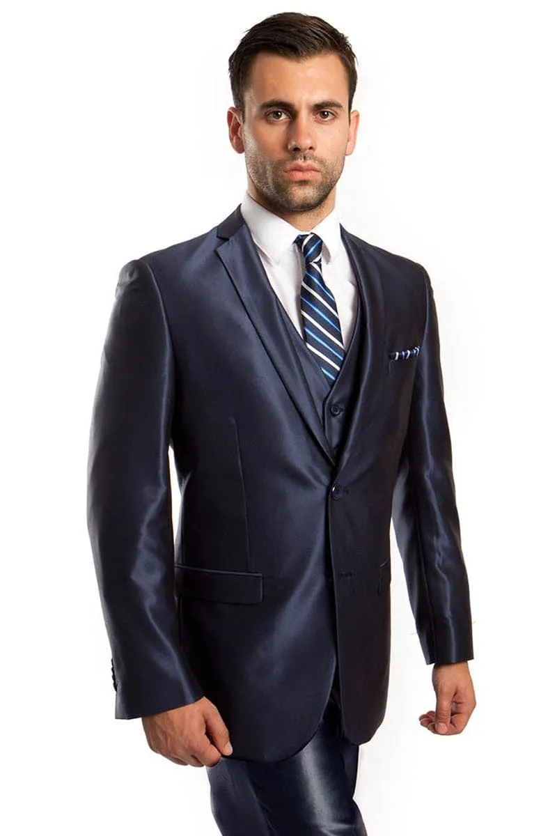 "Sharkskin Navy Blue Men's Wedding & Prom 2025 Suit - Two Button Vested Fashion" sold by Alberto Nardoni