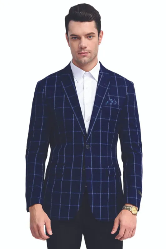 "Men's Slim Fit Navy Blue Sport Coat - Two Button Chalk Bold Windowpane" sold by Alberto Nardoni