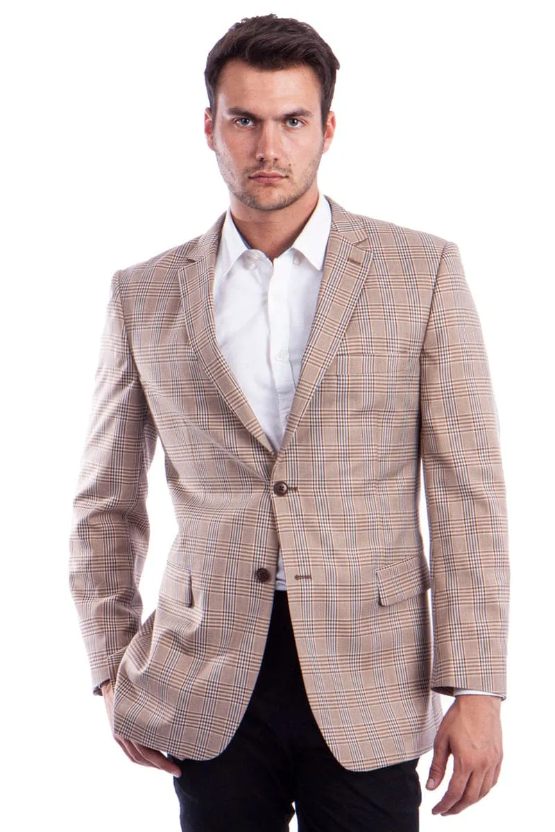 "Men's Regular Fit Sport Coat - Two Button, Tan & Blue Windowpane Plaid" sold by Alberto Nardoni
