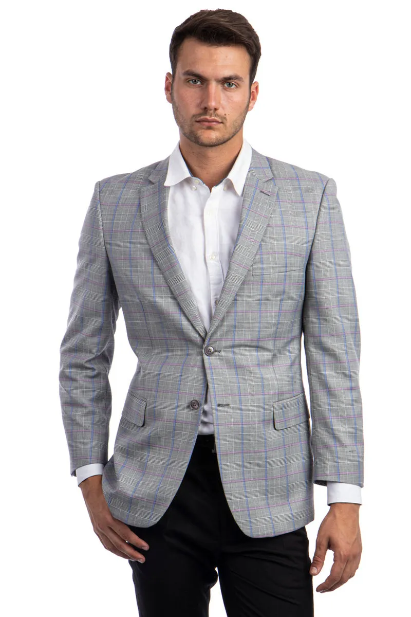 "Regular Fit Men's Sport Coat - Two Button, Light Grey with Blue & Pink Plaid" sold by Alberto Nardoni