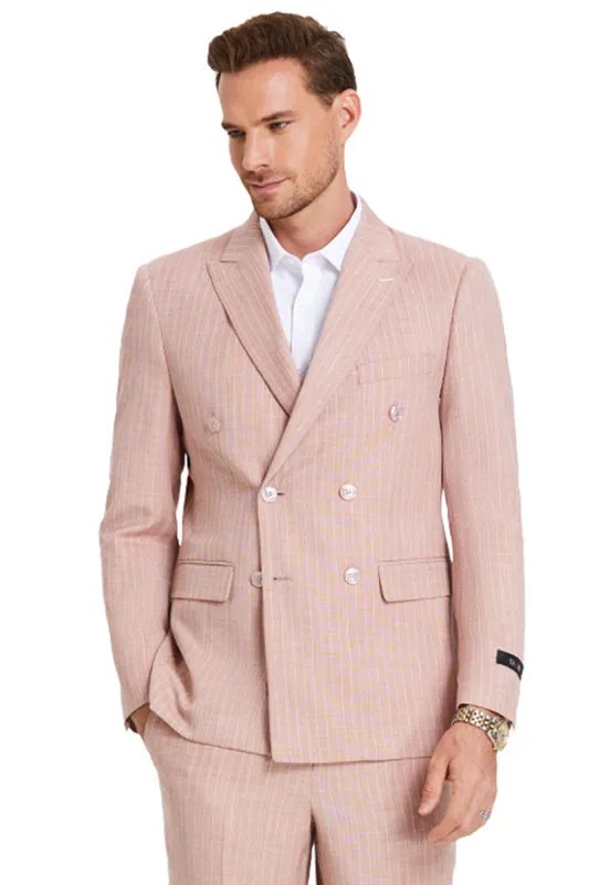 "Men's Slim Fit Double Breasted Pastel Suit - Rose Pink Pinstripe Summer Style" sold by Alberto Nardoni