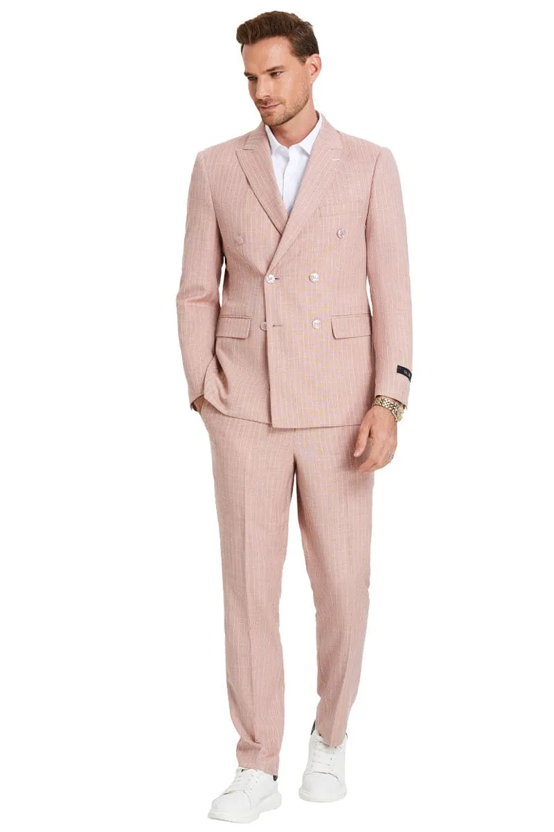 "Men's Slim Fit Double Breasted Pastel Suit - Rose Pink Pinstripe Summer Style" sold by Alberto Nardoni product image thumbnail 2