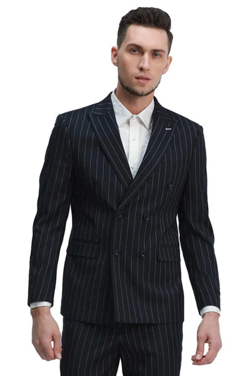 "Men's Slim Fit Pinstripe Suit - Double Breasted Black Gangster Style" sold by Alberto Nardoni