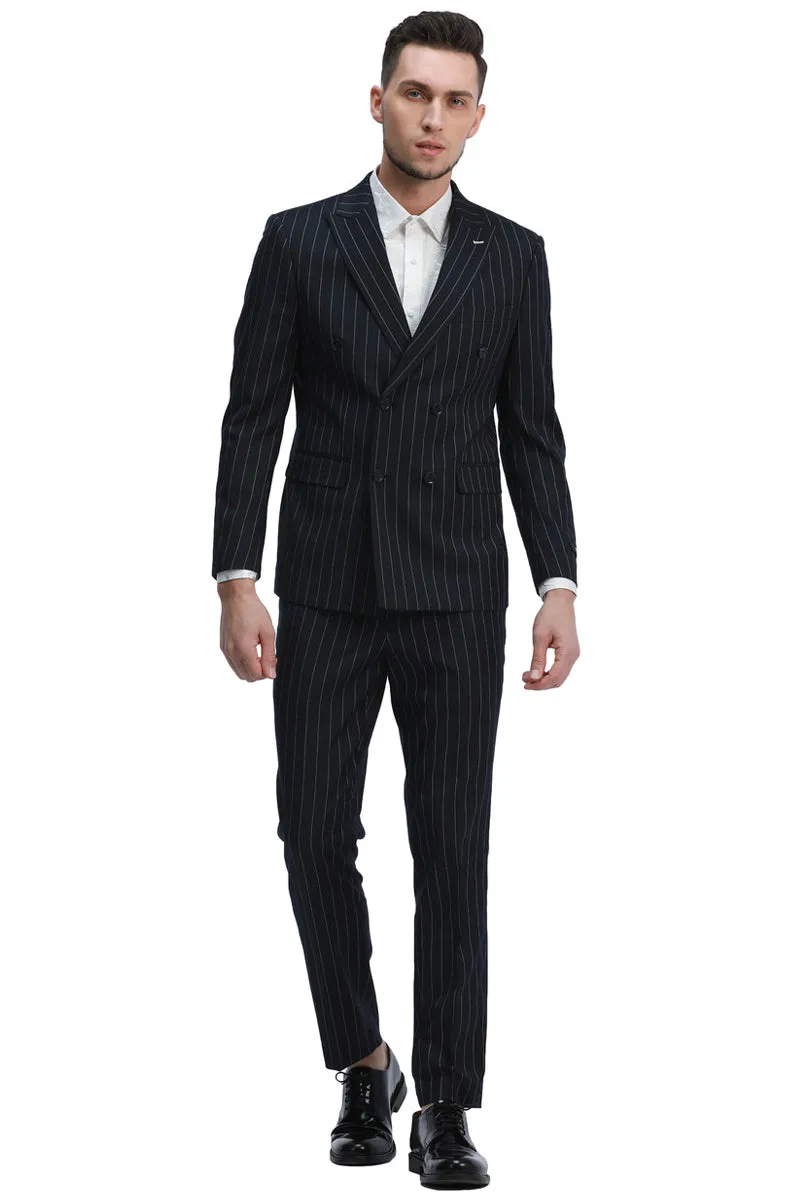 "Men's Slim Fit Pinstripe Suit - Double Breasted Black Gangster Style" sold by Alberto Nardoni product image thumbnail 2