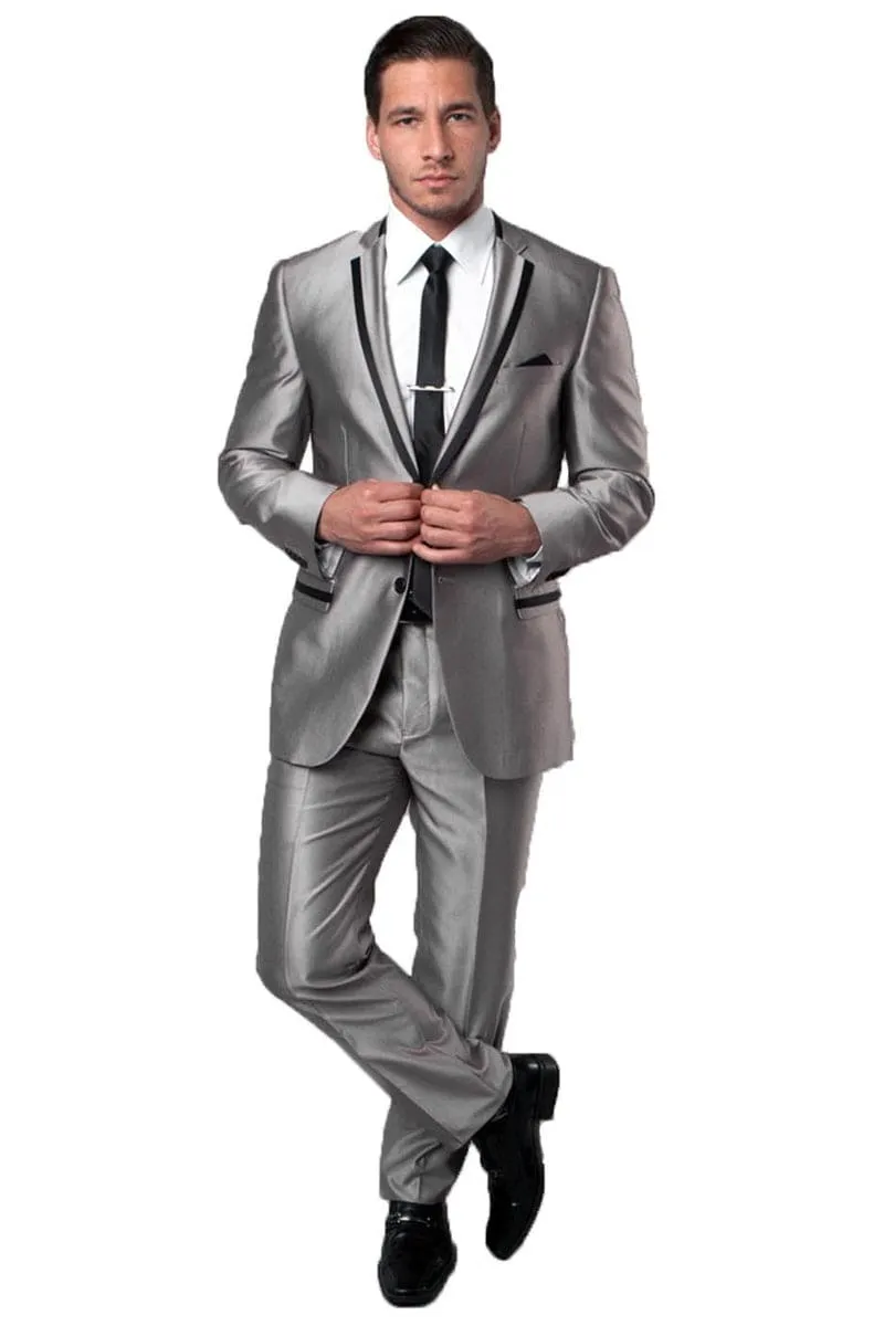 "Silver Sharkskin Men's Slim Fit Tuxedo Suit - Two Button with Black Piping" sold by Alberto Nardoni product image thumbnail 2