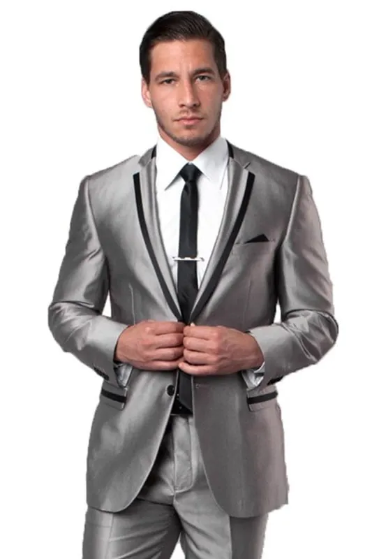"Silver Sharkskin Men's Slim Fit Tuxedo Suit - Two Button with Black Piping" made by Alberto Nardoni