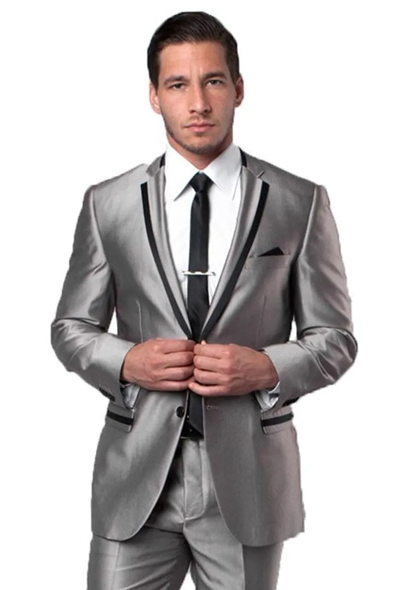 "Silver Sharkskin Men's Slim Fit Tuxedo Suit - Two Button with Black Piping" sold by Alberto Nardoni