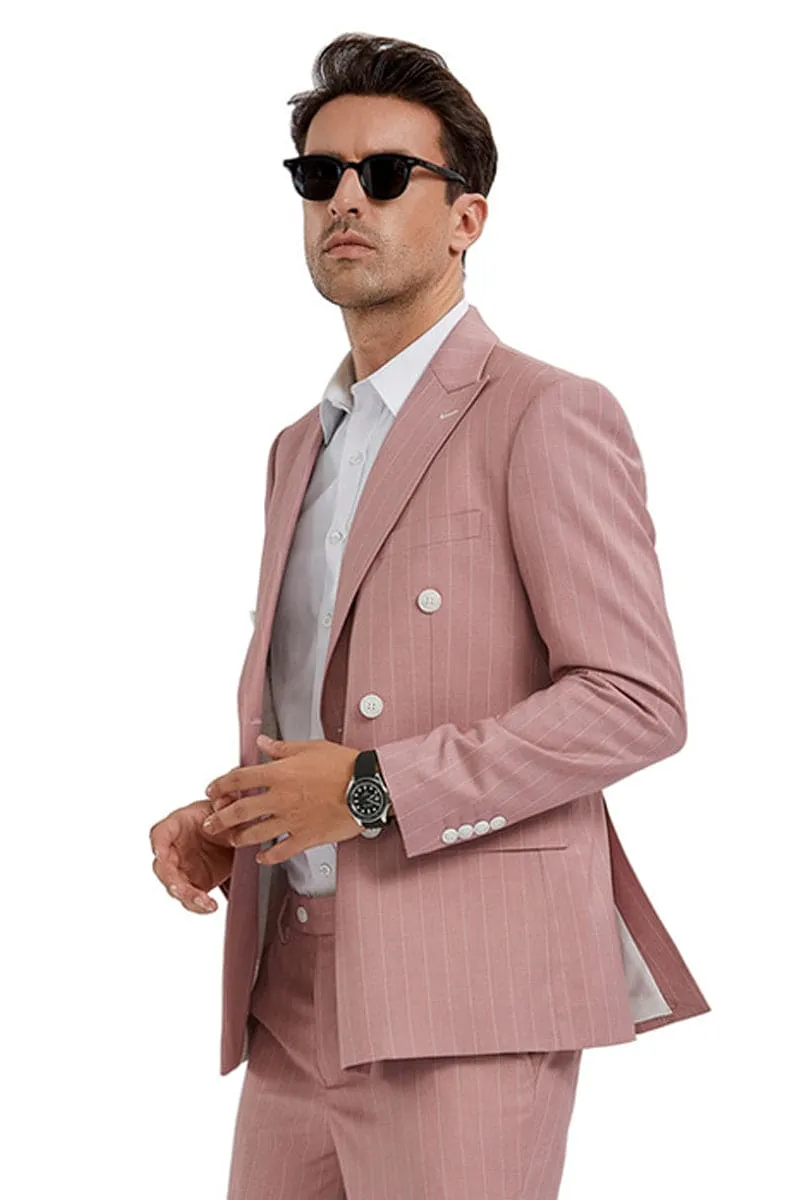 Pink Men's Slim Fit Double Breasted Gangster Pinstripe Suit sold by Alberto Nardoni