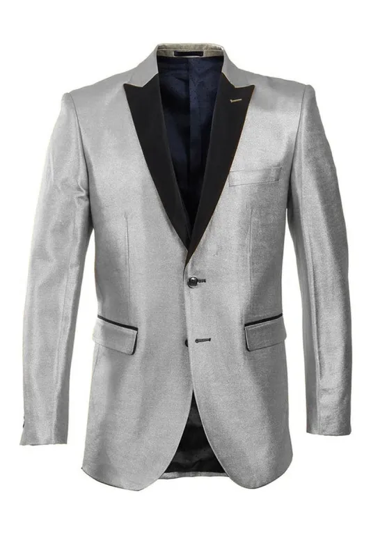 "Slim Fit Men's Satin Tuxedo Blazer - Silver & Black, Stylish Elegance" made by Alberto Nardoni