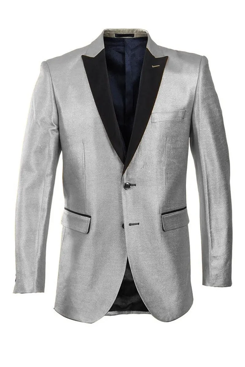 "Slim Fit Men's Satin Tuxedo Blazer - Silver & Black, Stylish Elegance" sold by Alberto Nardoni