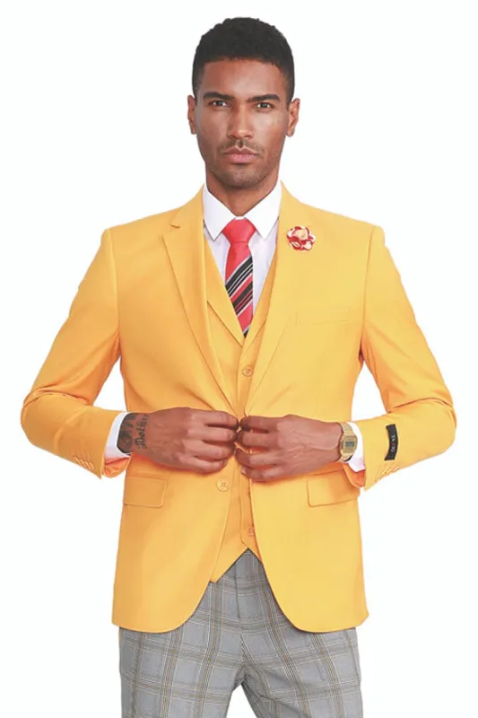 "Canary Yellow Men's Summer Suit with Two Button Vest & Plaid Pants" sold by Alberto Nardoni