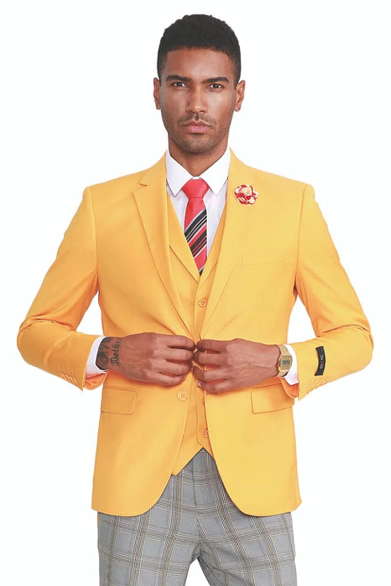 "Canary Yellow Men's Summer Suit with Two Button Vest & Plaid Pants" sold by Alberto Nardoni