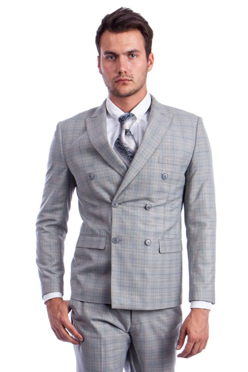 "Glen Plaid Men's Slim Fit Double Breasted Suit in Light Grey" sold by Alberto Nardoni