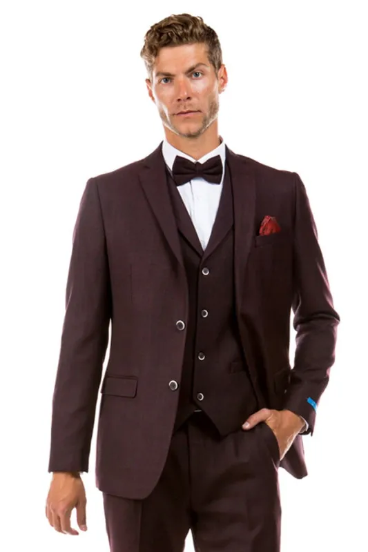 "Burgundy Vintage Tweed Wedding Suit for Men - Two Button Vested Style" made by Alberto Nardoni