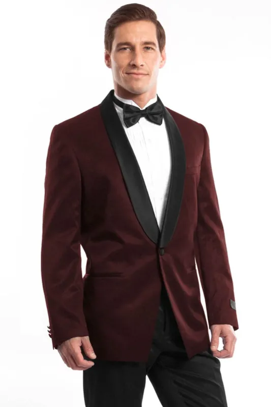 "Burgundy Satin Birdseye Men's Slim Fit Shawl Tuxedo" sold by Alberto Nardoni