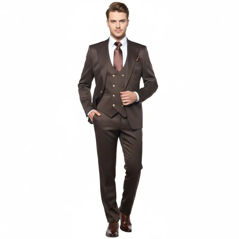 Mens Chocolate Brown Textured 3-Piece Suit Luxury Double-Breasted Vest Formal Set sold by Alberto Nardoni
