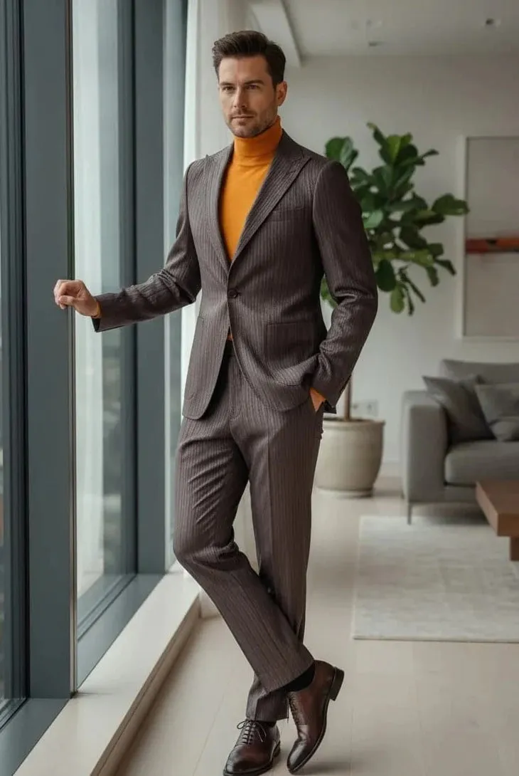 Mens Slim Fit One Button Peak Lapel Suit Brown sold by Alberto Nardoni product image thumbnail 3
