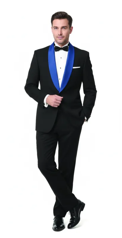 Men’s Black Tuxedo with Royal Blue Shawl Lapel | Modern Formal Dinner Jacket Suit + Pants for Weddings, Proms sold by Alberto Nardoni