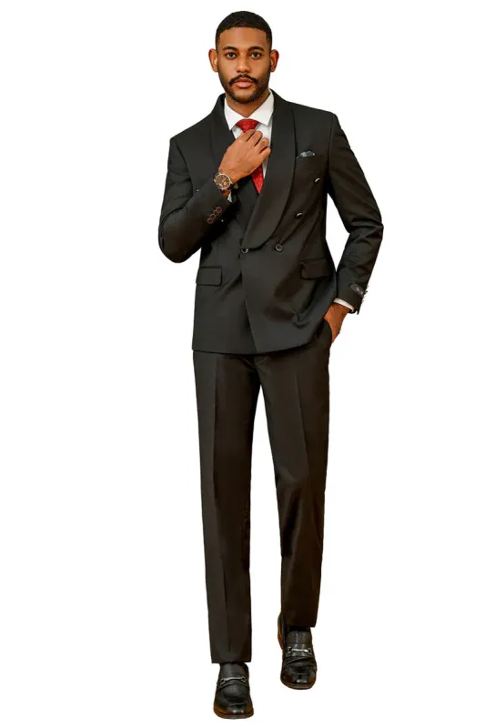 Mens Modern Fit Double Breasted Shawl Lapel Suit in Black sold by Alberto Nardoni