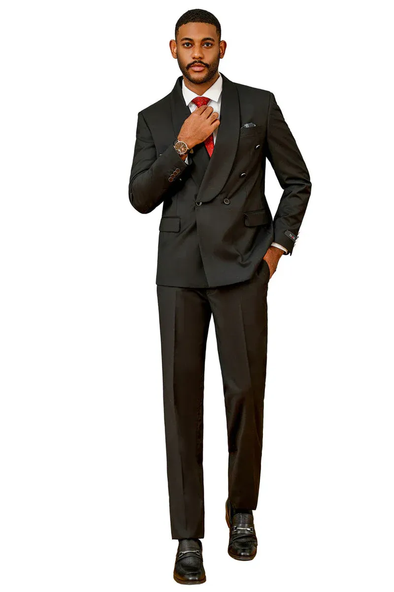 Mens Modern Fit Double Breasted Shawl Lapel Suit in Black sold by Alberto Nardoni