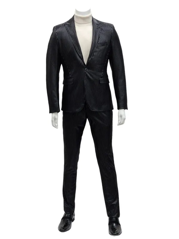 Mens One Button Side Vent Peak Lapel Suit Black made by Alberto Nardoni