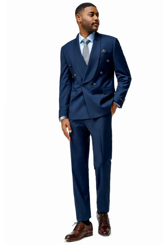 Mens Modern Fit Double Breasted Shawl Lapel Suit in Navy sold by Alberto Nardoni