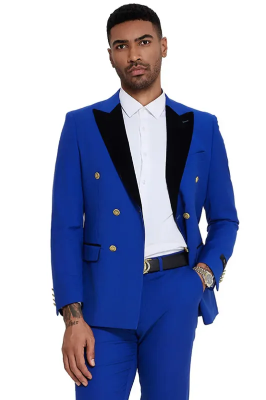 Mens Double Breasted Wedding Suit With Velvet Peak Lapel and Gold Buttons in Royal Blue made by Alberto Nardoni