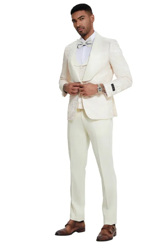 Mens Designer Wedding & Prom Shawl Lapel Vested Paisley Tuxedo in Ivory sold by Alberto Nardoni