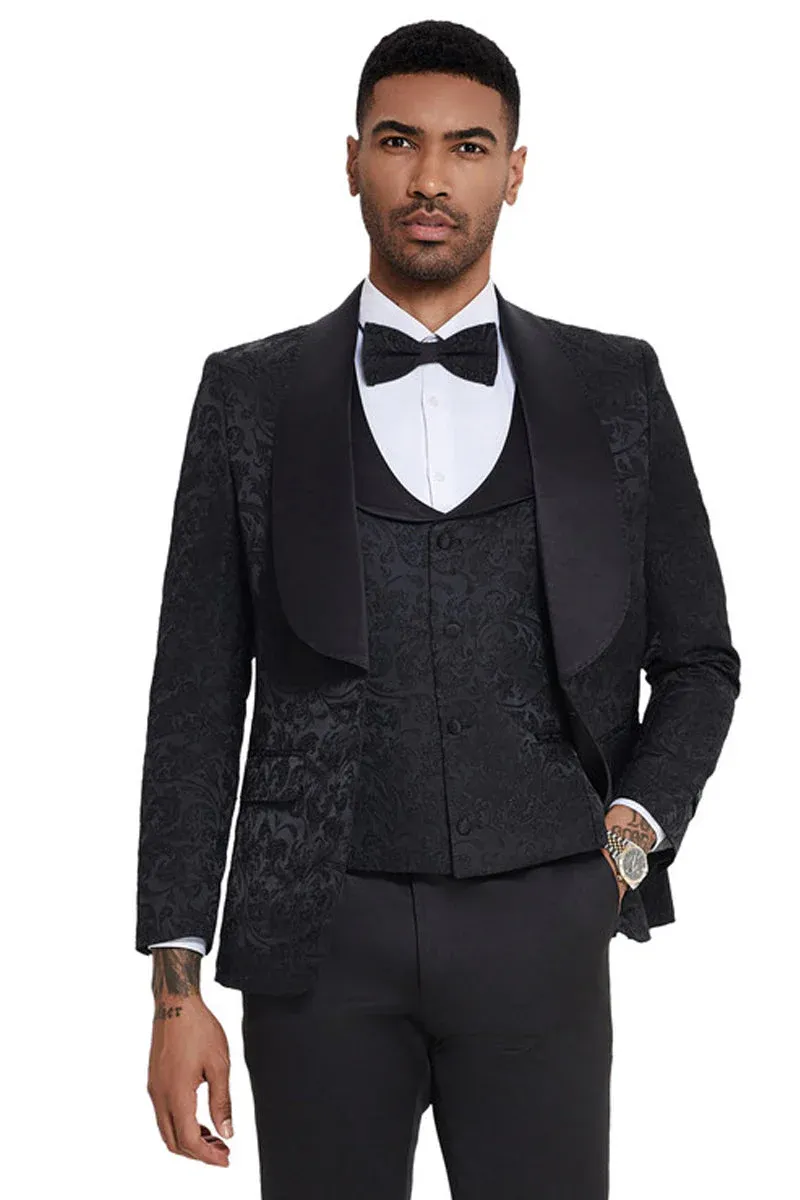 Mens Designer Wedding & Prom Shawl Lapel Vested Paisley Tuxedo in Black sold by Alberto Nardoni product image thumbnail 2